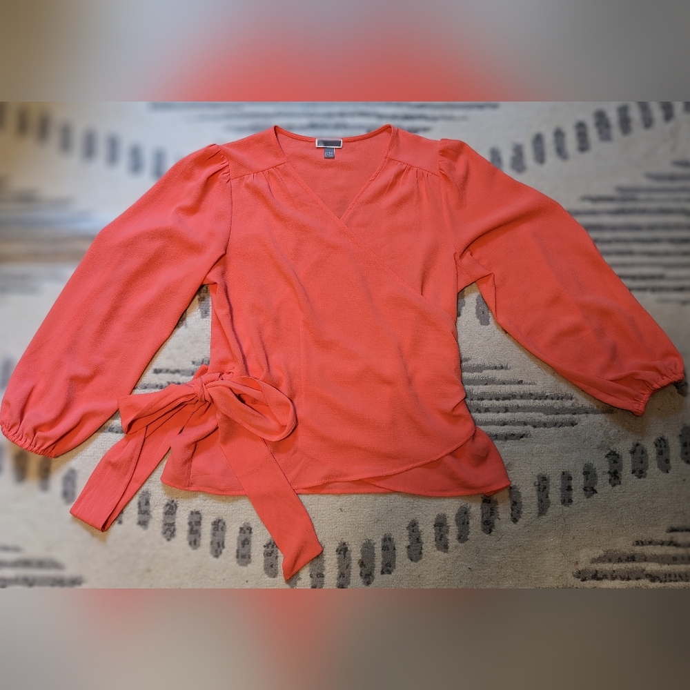 Bright Coral Pink Wrap Tie Long Sleeve Top - Size L Shirt